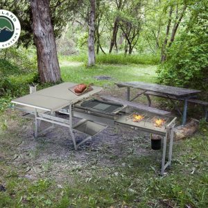 KOMODO CAMP KITCHEN - DUAL GRILL, SKILLET, FOLDING SHELVES, AND ROCKET TOWER - STAINLESS STEEL