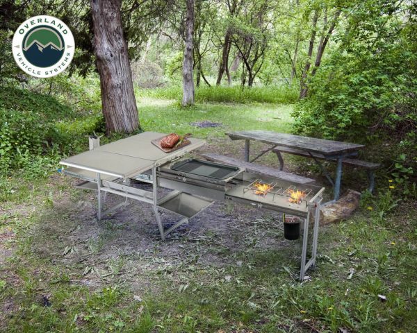 KOMODO CAMP KITCHEN - DUAL GRILL, SKILLET, FOLDING SHELVES, AND ROCKET TOWER - STAINLESS STEEL