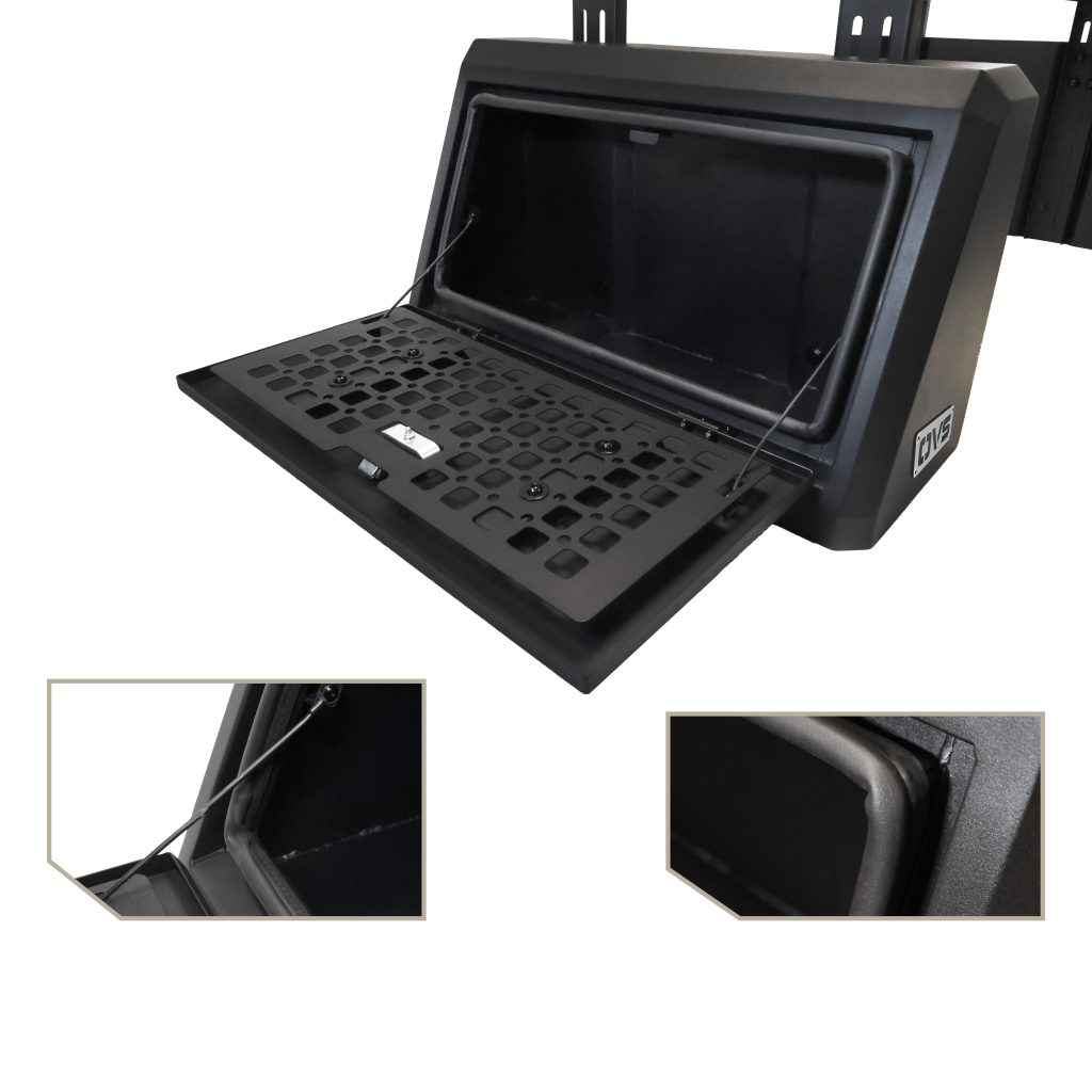 OVS Pod Rack storage pod shown open, interior MOLLE panel visible
