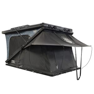 OVS XD K2 dual action clamshell hard shell roof top tent, blue body with black rainfly