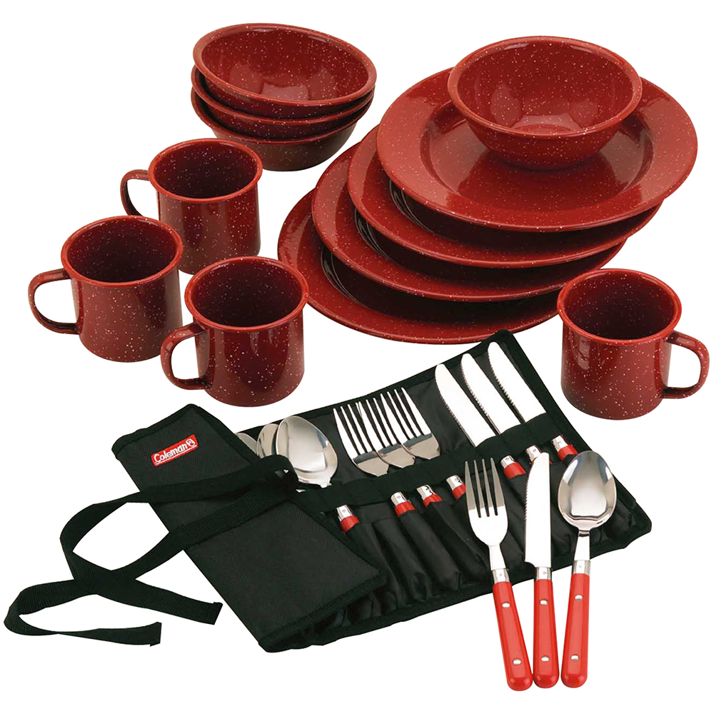 Coleman 24-Piece Enamelware Camp Dinnerware Set - Red