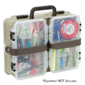 Plano Flex N Go Satchel 3600 in sandstone, open to show the fixed compartment tray and two removable StowAway utility boxes